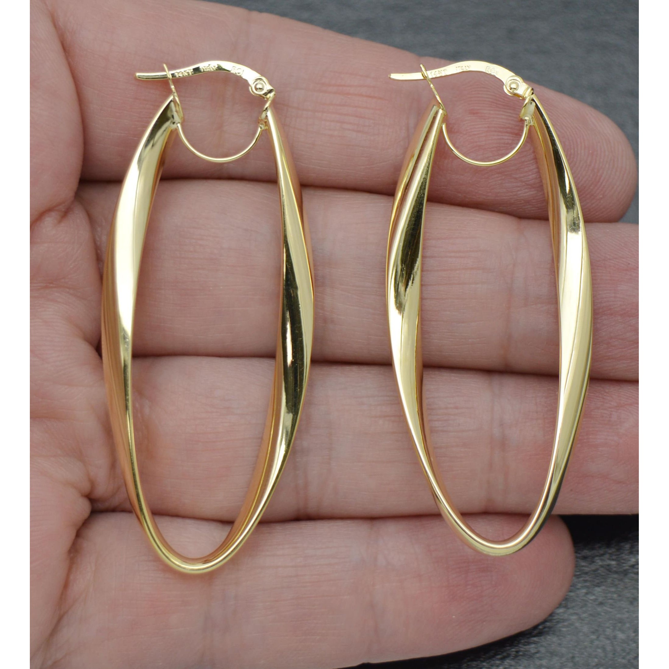 Real 14k Solid Yellow Gold Shiny 55.8mm Twisted Oval Hinged Hoop Earrings